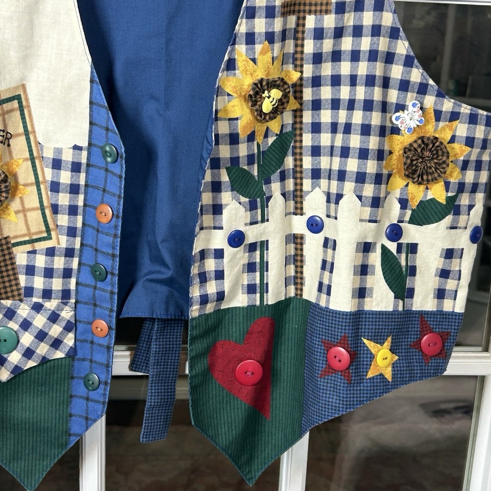 Handmade Blue Gingham Sunflower Appliqué Novelty Button Vest Cottagecore OS - Picture 4 of 15